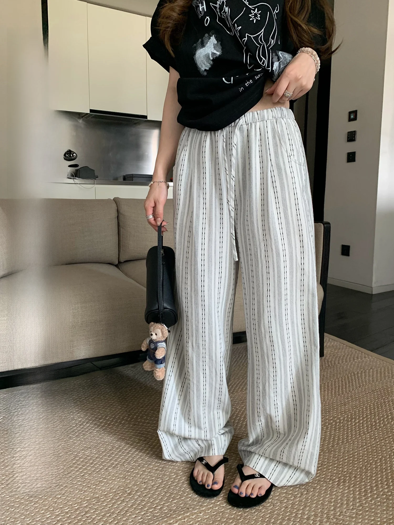 Hhyii High Waist Straight Leg Casual Pants Women Summer Thin Loose Linen Wide Leg Pants Casual Style Elastic Waist Striped