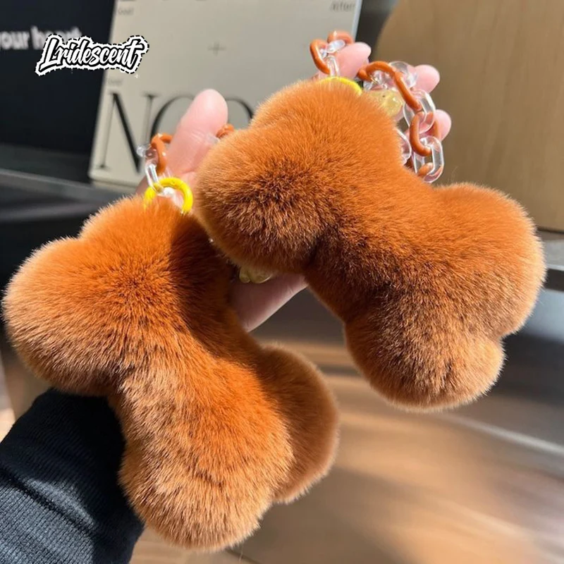 

Cute Little Bone Genuine Rabbit Fur Car Keychain Pendant Ins - style Plush Doll Schoolbag Hanging Decoration Gift