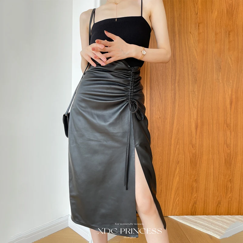 2023 Drawstring Split Leather Skirt Women's Korean Spring Medium Length Office Lady A-line Sexy High Waist Hip Wrap Sheepskin Sk