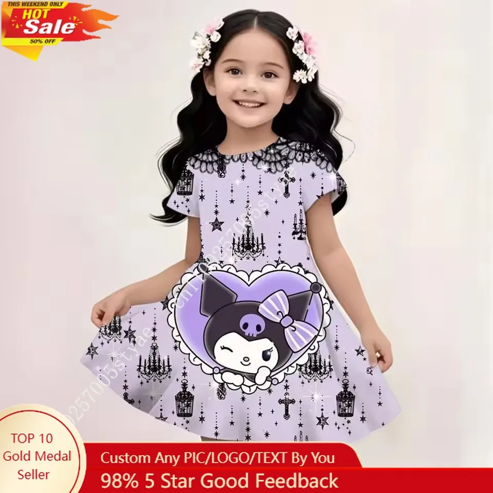 

Kuromi Hello Kitty 3D Print Casual Skirt for Girls Cute Short Sleeve Dress for Summer