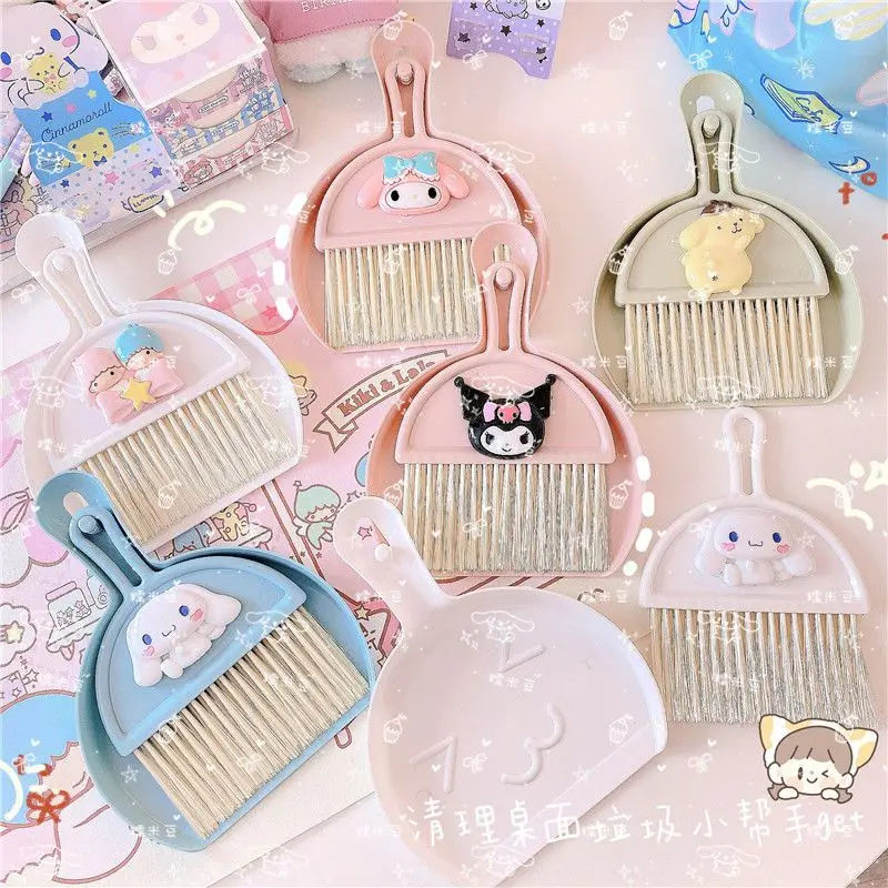 

New Sanrio Kuromi My Melody Cinnamon Roll Gemini Dustpan and Brush Set Sweet Anime Girl Keyboard Desktop Portable Cleaning Set