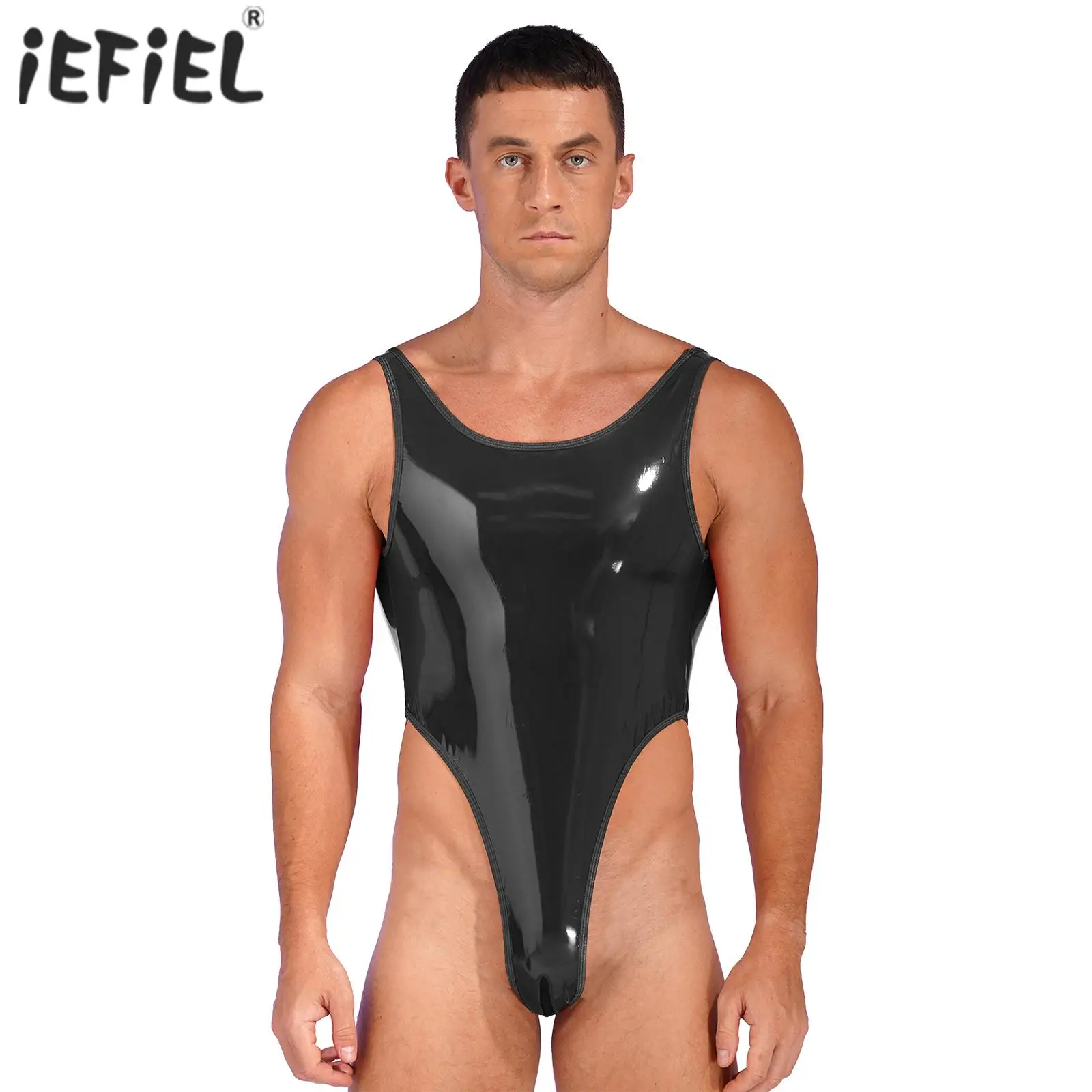 Mens High Cut Crotchless Patent Leather Bodysuit Wet Look Backless Sleeveless Leotard Club Dance Performance Catsuit