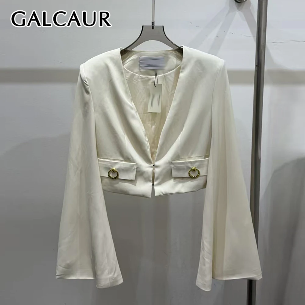 

GALCAUR однотонная шикарная куртка с карманами, женская куртка с v-образным вырезом и длинным рукавом, свободные офисные женские куртки, осенний стиль, модная новинка