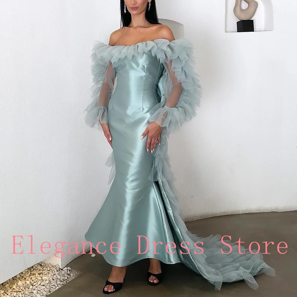 Customized Temperament Mermaid Satin Off the Shoulder Evening Dress Modern Boat Neck Long Sleeves Floor Length Homecoming Gowns