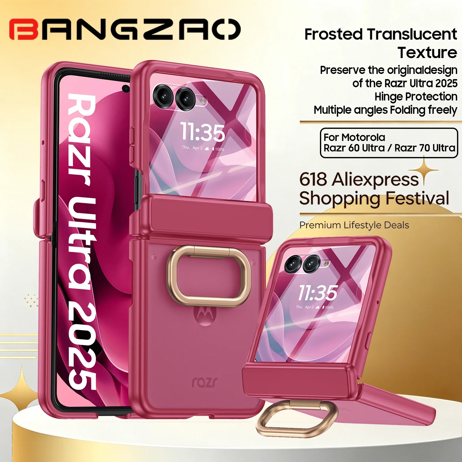 

618 Deals! For Motorola Razr 60 Ultra/70 Ultra Case,Military Grade Drop Proof,Built-in 180°Rotation Ring,Lens&Screen Guard-Rose