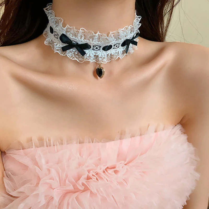 Pink And Black Bowknot Lace Mesh Rhinestones Eternal Flower Imitation Pearl Chokers Necklaces Women New Collarbone Jewelry K-