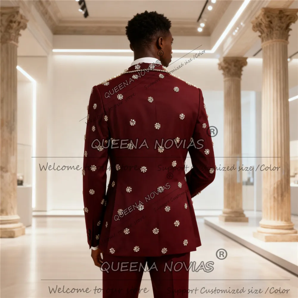 رجل مزدوج الصدر الدعاوى مطرز الأحجار حفلة موسيقية السترة مخصصة 2 قطعة مجموعات الرجال ملابس العريس الزفاف سهرة terno masculino