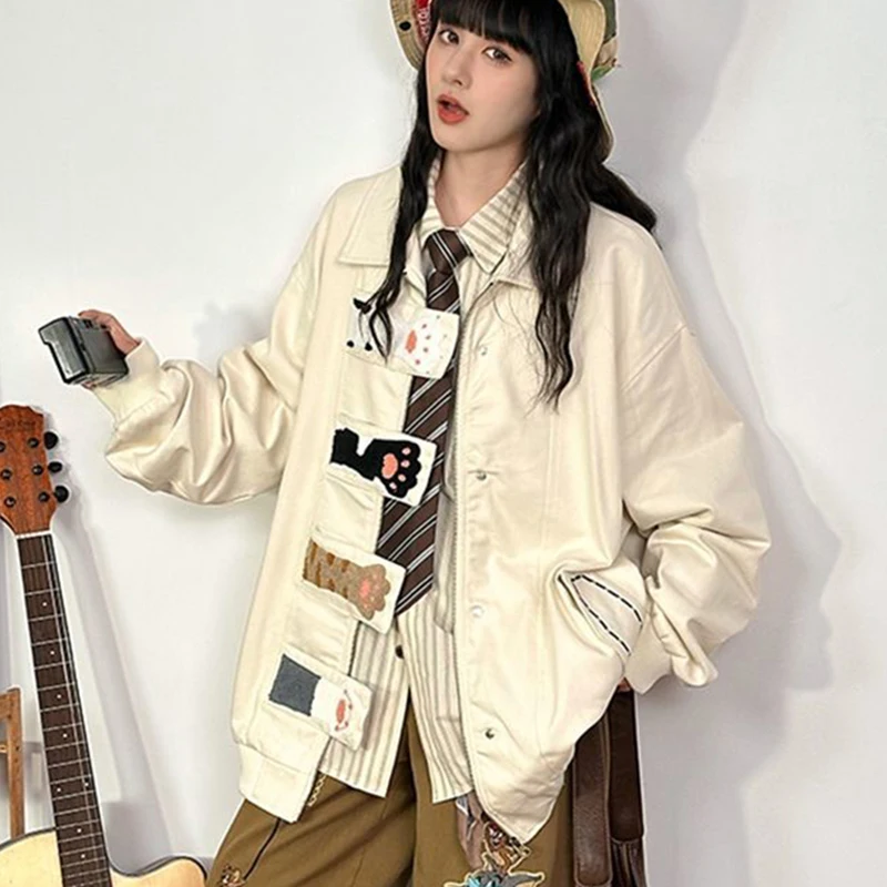 

Women Cat Paw Embroidered Jacket American Street Long Sleeve Coat Zip Spring Fall Loose Lazy Casual Fashion Preppy Style Outwear