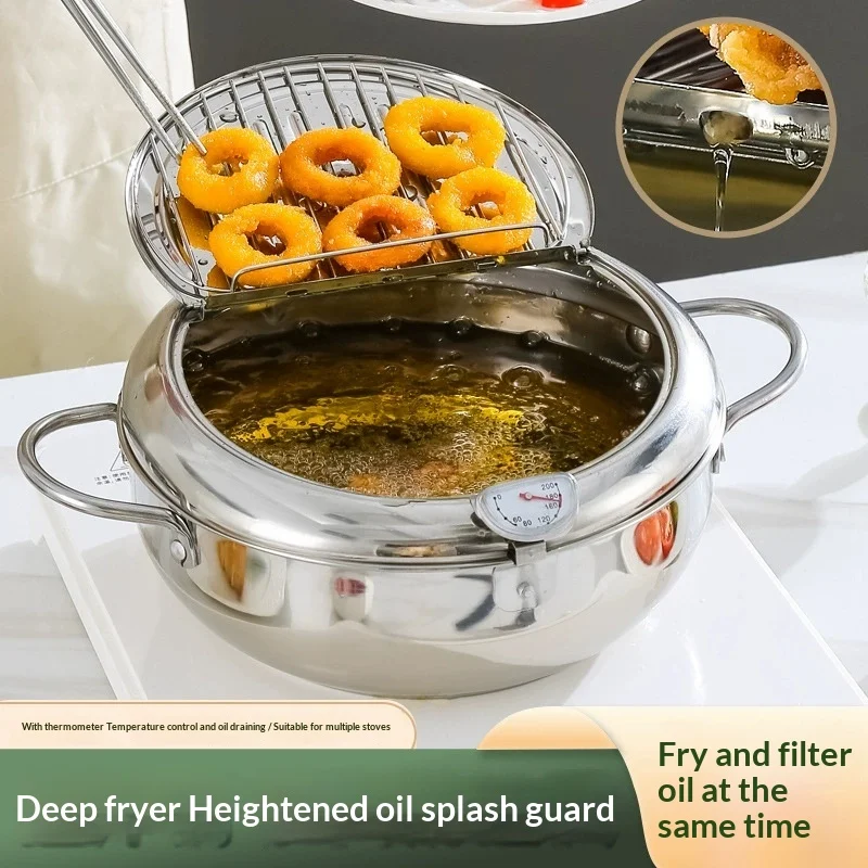 Olla para freidora de acero inoxidable de 3,2 L con escurridor de aceite y termómetro, diseño de doble oreja para cocina casera Tempura