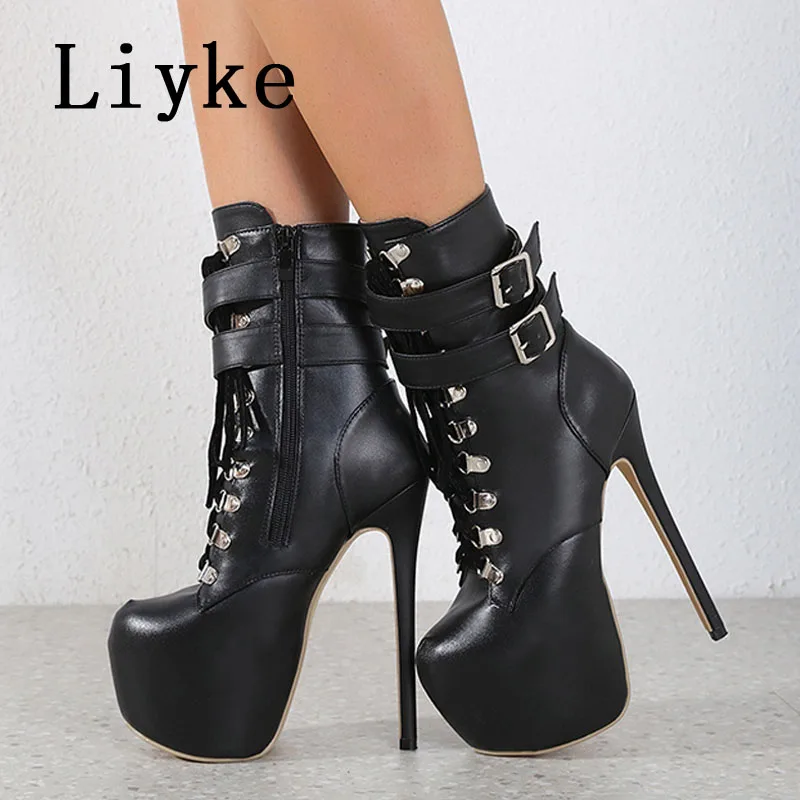 Liyke Autumn Winter Platform Boots For Women Sexy Round Toe Buckle Strap Pole Dance High Heels Pumps Fashion Lace-Up Runway Shoe