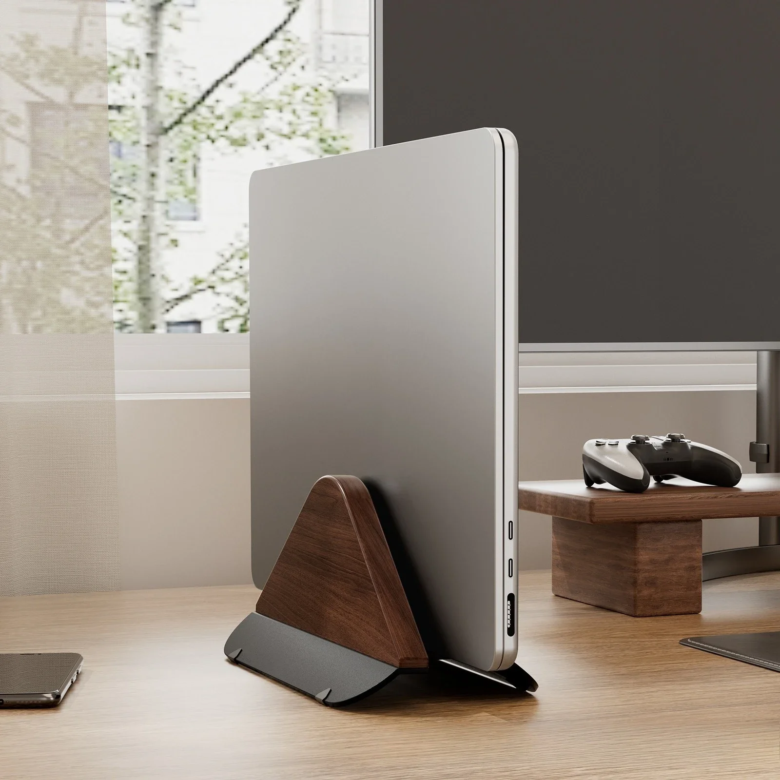 Walnut Wooden Vertical Laptop Stand for MacBook – Adjustable Holder with Solid Base, Space-Saving , Ideal for Desktop Docking