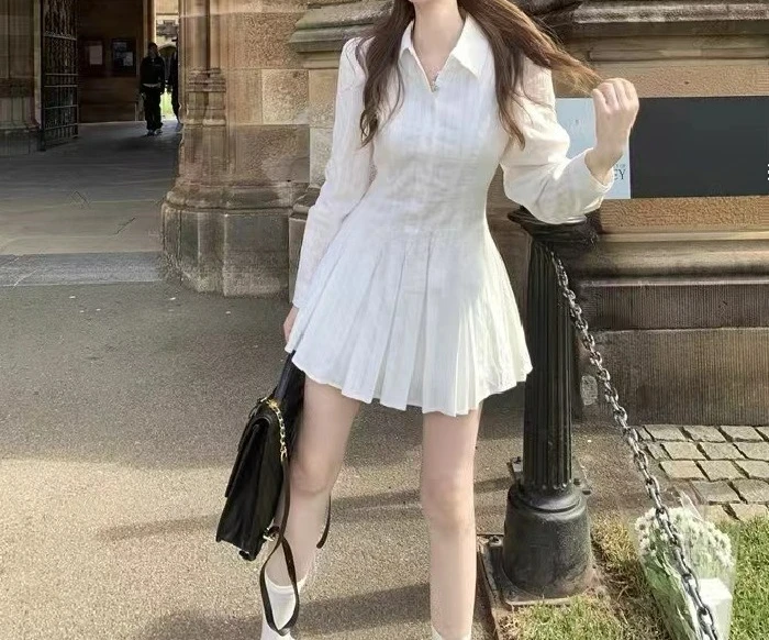 

2026 Spring College Style White Long-sleeved Shirt Dress Temperament Waist Design Collar Pleated Short Skirt