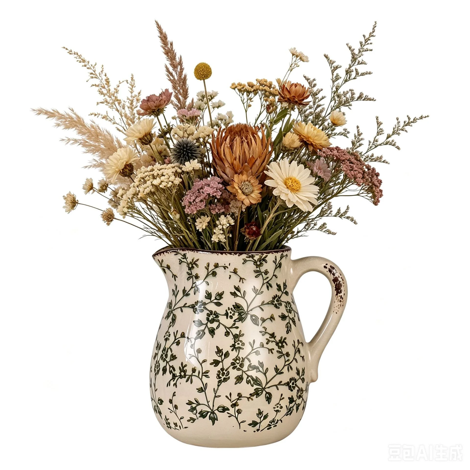 Retro Floral Printed Ceramic Pitcher Vase Crackle Glaze Flower Vase Dried Fresh Flower Holder Kitchen Storage Home Living Room