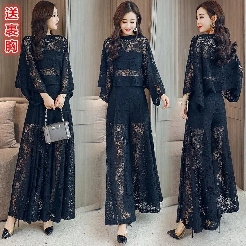 Lace Pants Wide Leg Pants Suit Foreign Style Small Xiangfeng 2024 New Fashion Shawl Skirt Two-Piece Set Summer Women's Tide X444