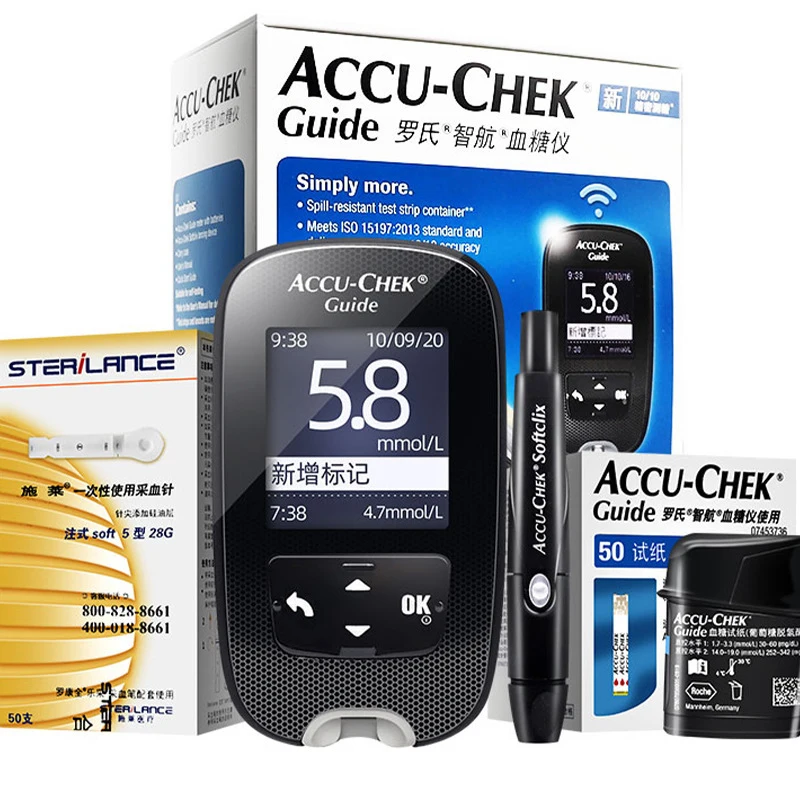 Medidor de glucosa en sangre Accu‑Chek Guide y tiras reactivas y lancetas gratuitas – Sistema portátil, preciso y fácil para el control de la diabetes