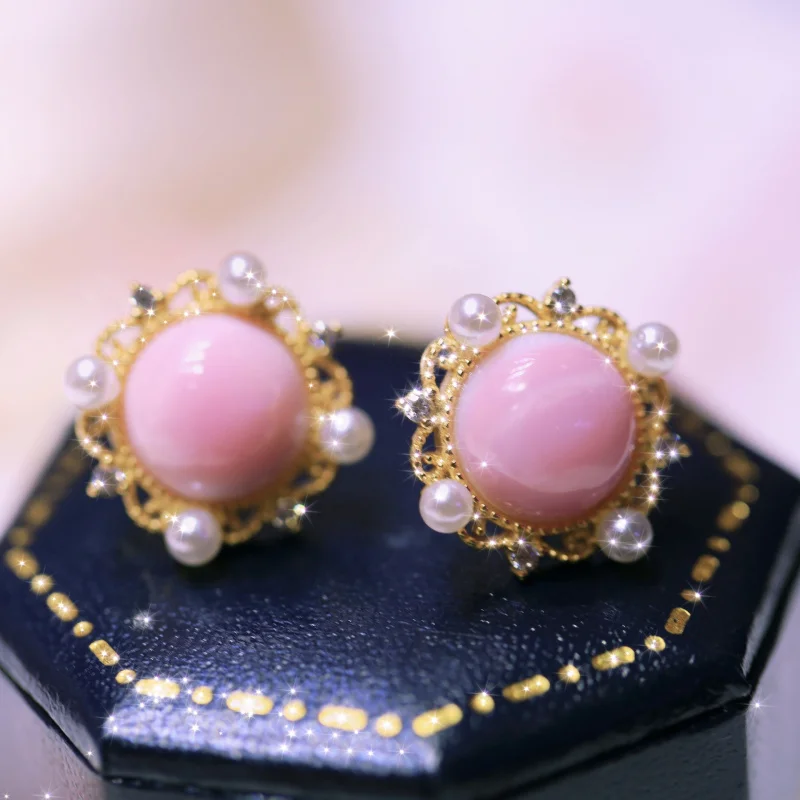 

Silver Inlaid Natural Deep Sea Queen Conch Rouge Shell Earrings Lace Edge Hong Kong Craft Exquisite Inlaid Style Girly Heart Ear