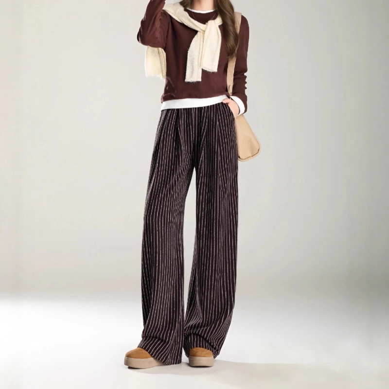 

Striped Elastic Waist Wide Leg Pants for Women in Autumn and Winter High-end Four Seasons Green Plus Velvet Thickening