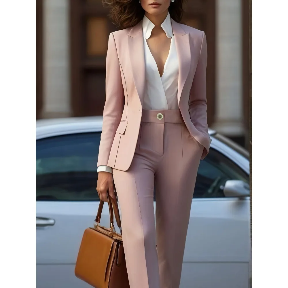 

Fashionable Lady's Suit Set - Slim Fit Peak Lapel Coat, 2-piece Set with Elegant Long-sleeved Top and Matching Straight-leg Pant