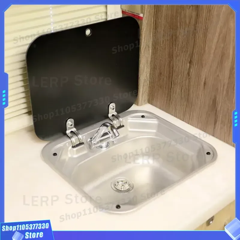 Foldable Stainless Steel Sink with Integrated Faucet and Glass Cover for RV Travel Trailers Premium Camping Accessories