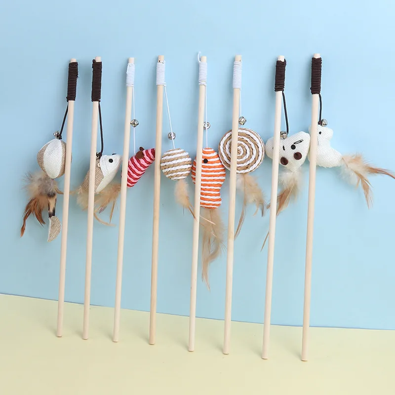 New Mouse Wooden Teasing Cat Rod Cat Toy Pet Supplies Feather Bell Wooden Rod Teasing Cat Stick