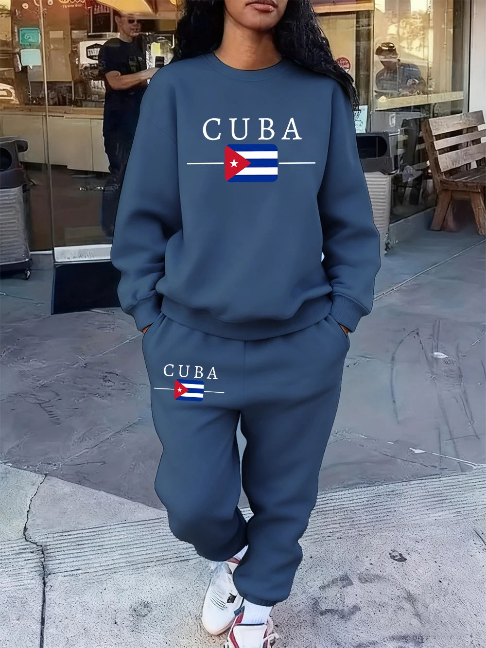 2 Pcs Hoodies Set Womens Cuba Flag Letter Prints Sweatpants Casual Pocket Loose Sweatshirt Jogging Outfits Winter Fleece Clothes