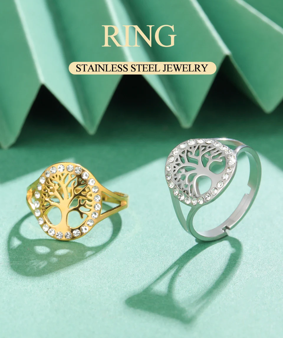 Dawapara Baum des Lebens Damen Ring Klarer Zirkon Verstellbarer Ring Yggdrasil Stammbaum Paar Schmuck Edelstahl Ehering – Detail 3