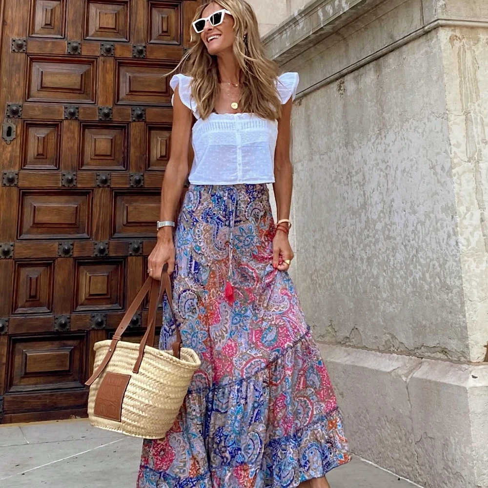 Streetwear Party Women Ruffle High Waist Long Skirt Summer Bohemian Floral Print A-line Skirt Casual High Waist  Beach Maxi Skir