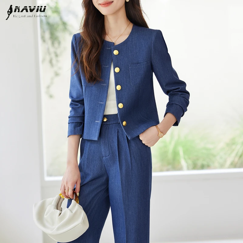 

NAVIU Модные костюмы для женщин, офисные винтажные однобортные однобортные блейзеры с длинными рукавами и широкие брюки, новая повседневная рабочая одежда