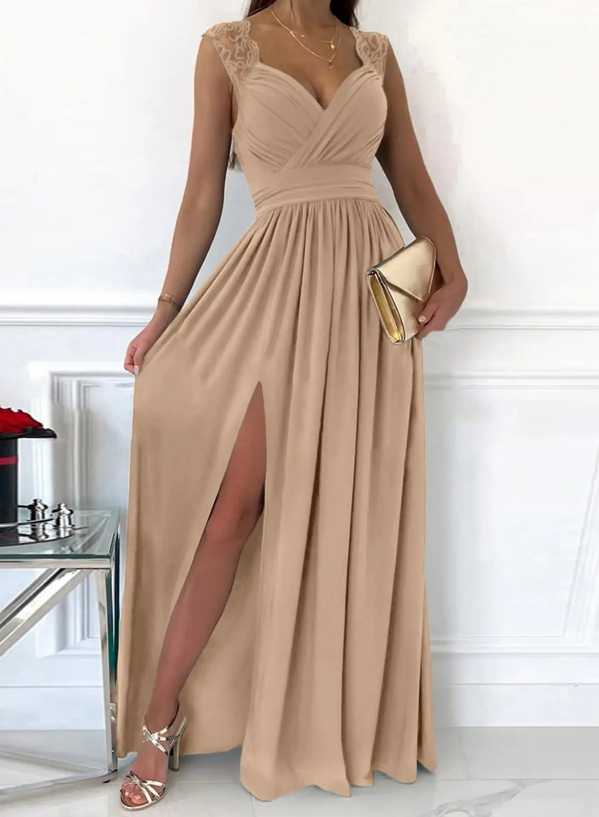 New Women's 2024 Formal Dress Wrap V Neck Ruffled Sexy Bridesmaid Wedding Guest Maxi Dress