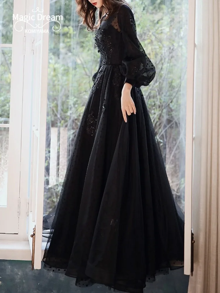 Customized French Puff Sleeve Evening Dress 2024 New Long Sleeve Birthday Banquet Prom Dresses Performance Slim Waist Wed Party