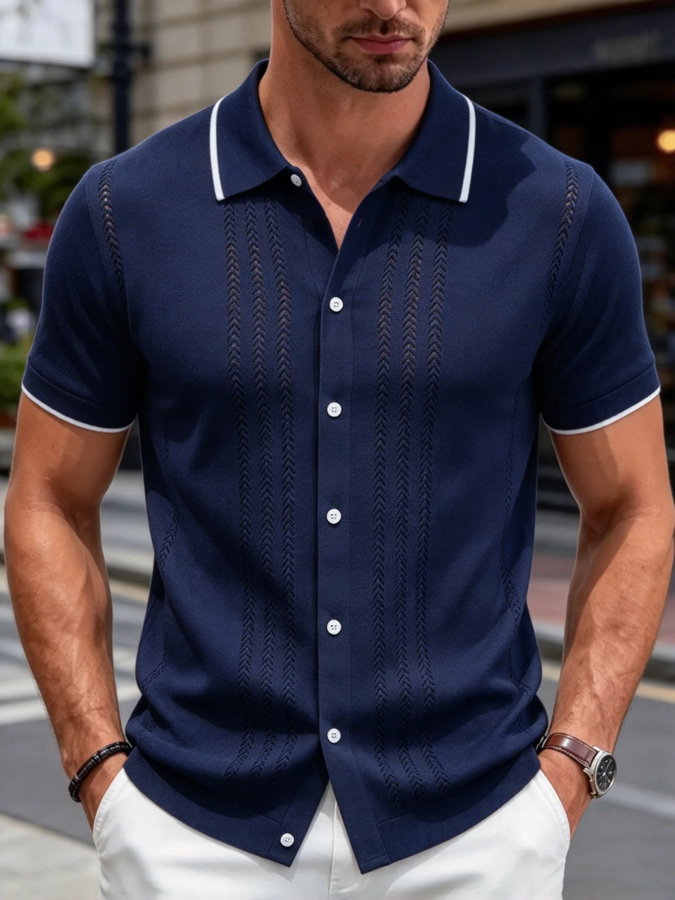 Men's Knitted Polo Shirt Summer Short Sleeve Lapel Button Down Hollow Striped Texture T-shirt Contrast White Trim Slim Fit Busin