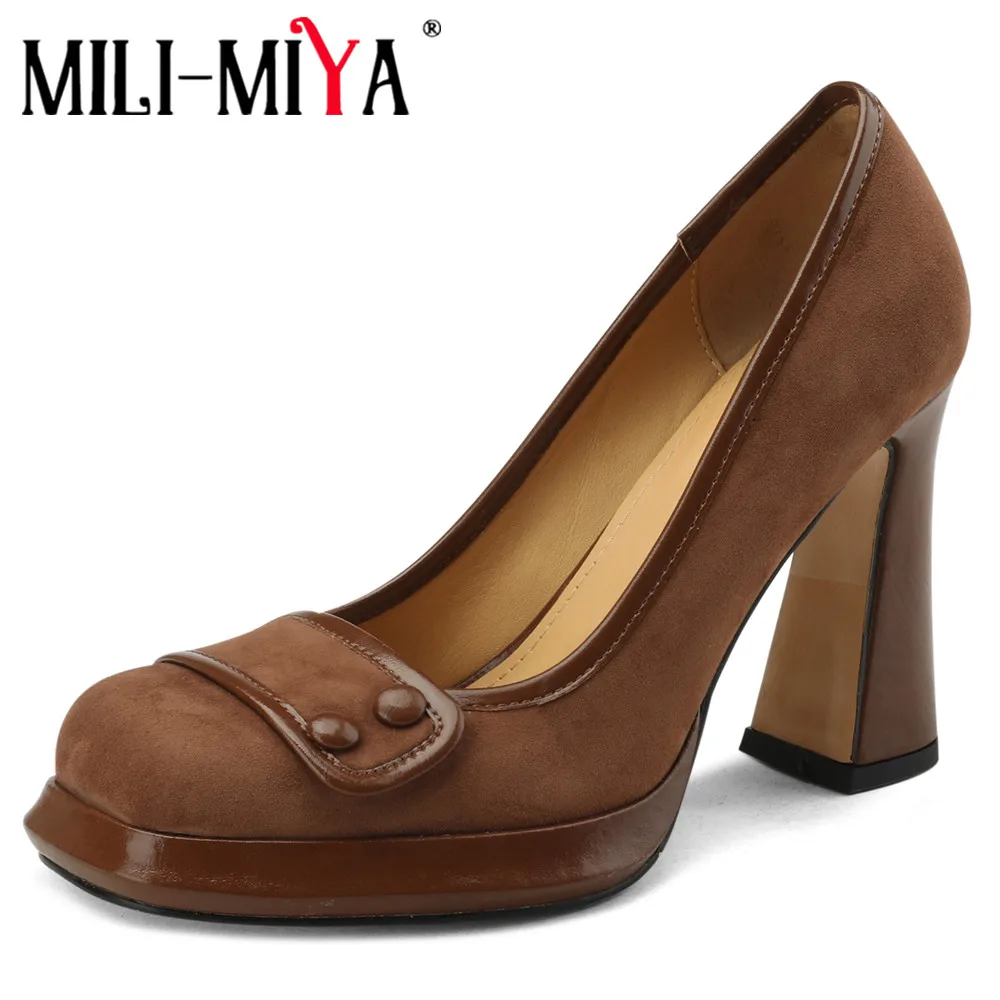 

MILI-MIYA Fashion Super High Thick Heels Women Kid Suede Pumps Square Toe Slip On Solid Color Concise Design Dress Party Shoes