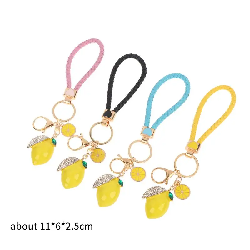 Niedlicher Zitronen-Schlüsselanhänger, modischer Zitronen-Schlüsselring mit Strass, geflochtenes PU-Lederband, Taschenanhänger, Dekoration, schöne Geschenke – Detail 10