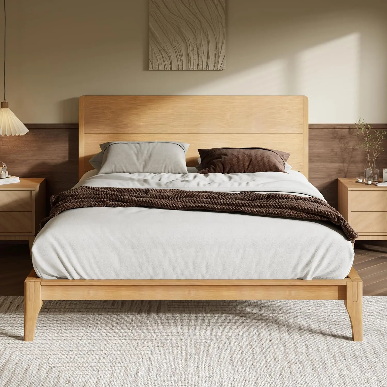 Full Size Bamboo Platform Bed, Mid-Century Modern Bed Frame with Tall Headboard, Solid Sustainable Bedframe, Customized