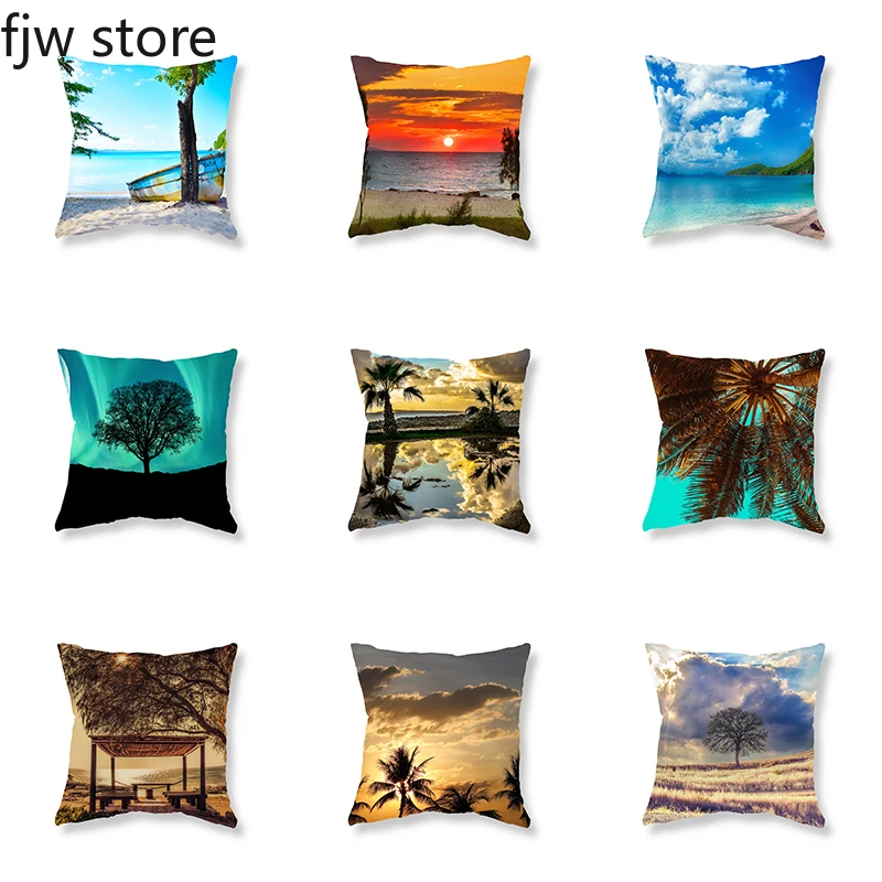 

Beach Coconut Tree Sunset Sky Cloud Landscape Print Throw Pillow Cover For Sofa Room Bedside Seat Cushion Home Decor