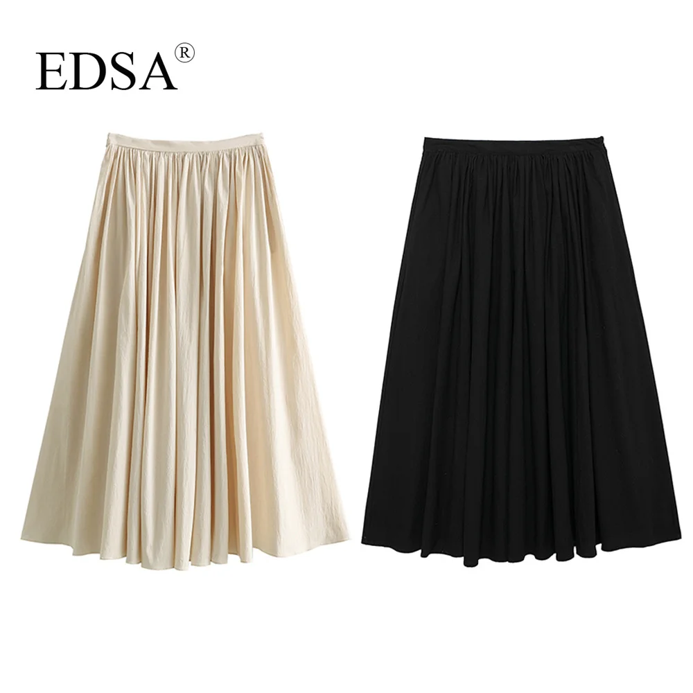 EDSA Women Fashion Solid Beige Pleated Loose A-Line Midi Skirt Mid Waist Female Chic Lady Casual Long Skirt