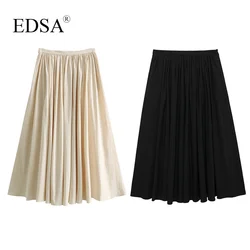 EDSA Women Fashion Solid Beige Pleated Loose A-Line Midi Skirt Mid Waist Female Chic Lady Casual Long Skirt