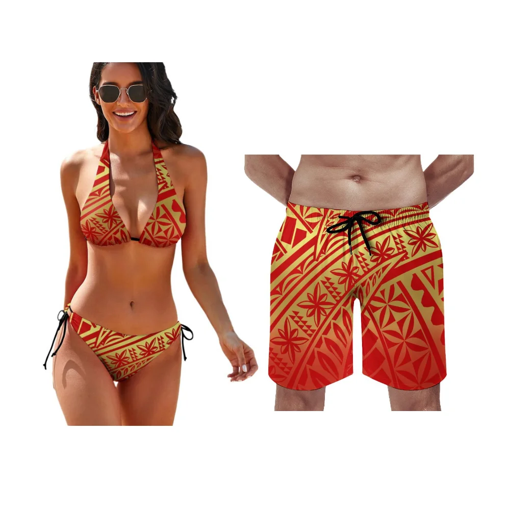 Polynesian Customizable Floral Print Couple'S Swimming Suit Set Ladies' Tight-Fitting Sexy Bikini Men'S Beach Shorts