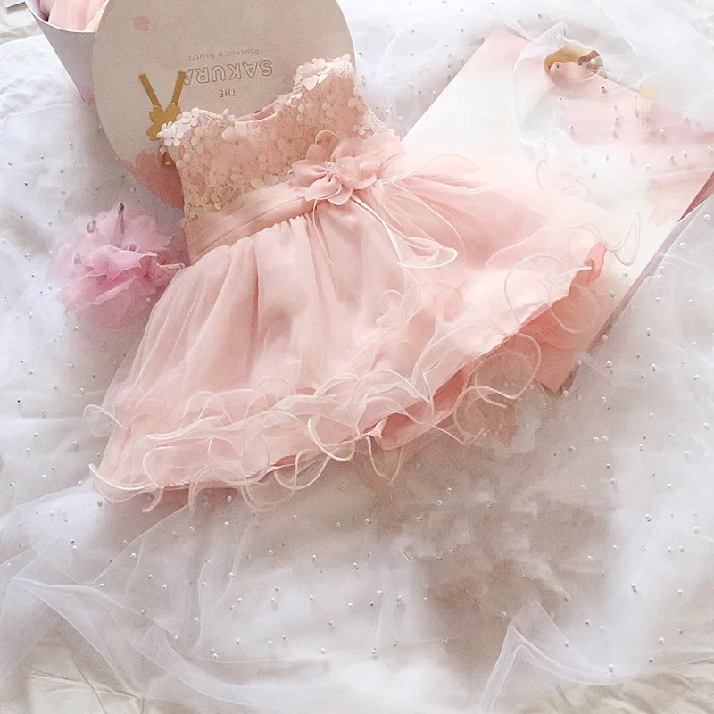 Newborn Baby Girl Dress Pink Flower Lace Infant Baptism Christening Gown Baby Birthday Princess Dresses First Communion Dresses