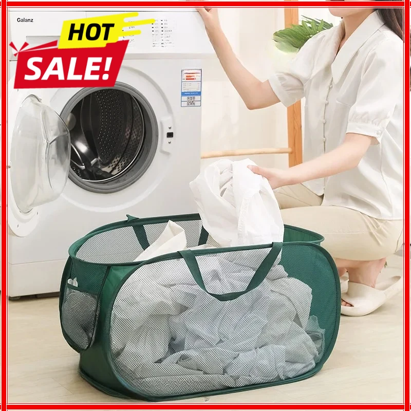 Durable Collapsible Laundry Basket, Mesh Pop Up Laundry Hamper With Side Pocket, Foldable Clothes Storage Hamper With Reinforced