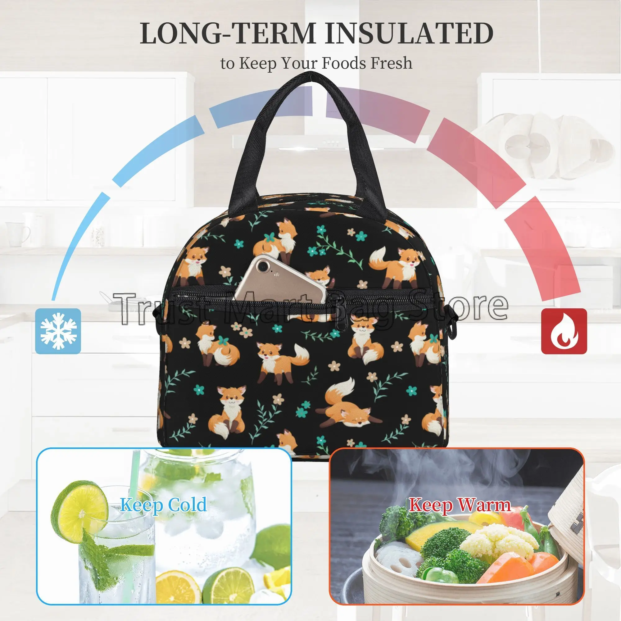 Cute Foxes Pattern Insulated Lunch Bag for Women Kids Reusable Lightweight Bento Cooler Thermal Lunch Box with Adjustable Strap