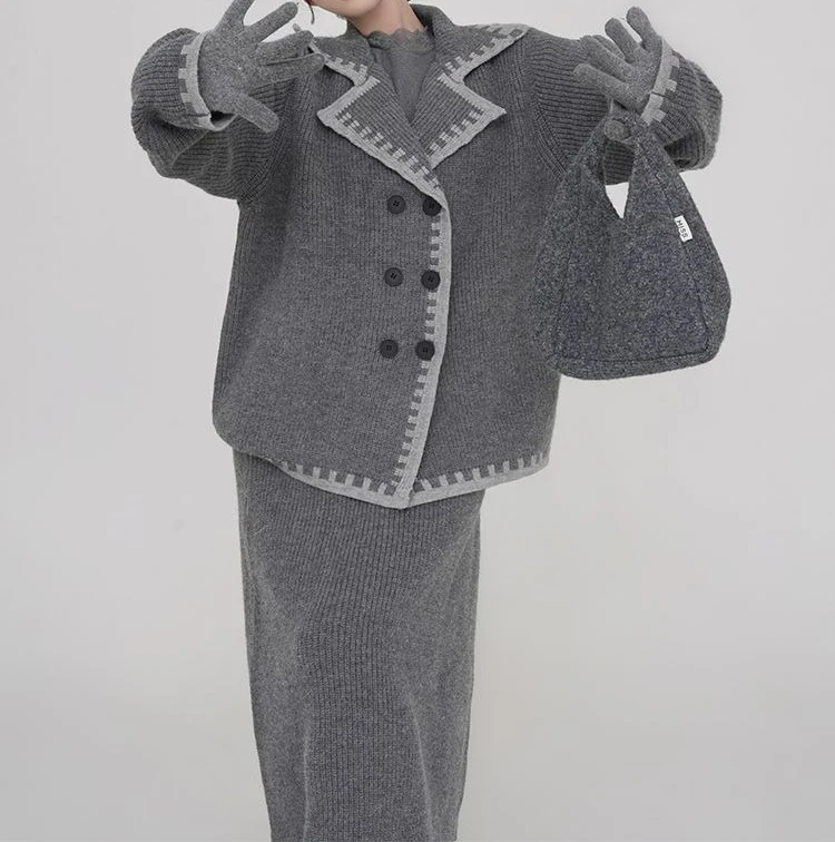 Grey Thick Sweater Set for Women's Autumn and Winter New Loose Knitted Cardigan Half Body Long Skirt Two-piece Set