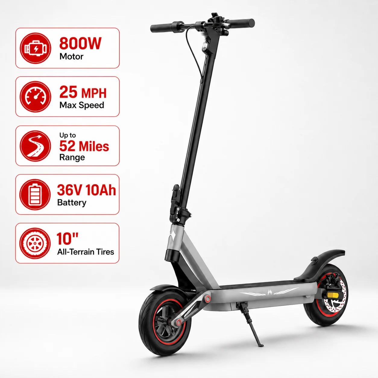 800W Electric Scooter for Adults, 25 MPH Max Speed, 52 Miles Long Range, 36V 10Ah Battery, 10" All-Terrain Off-Road Tires, Foldable Commuter E-Scooter for City Riding, Daily Travel and Outdoor Use
