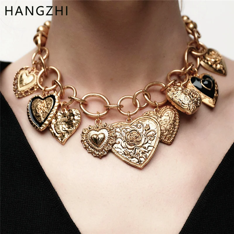 HUANZHI Vintage Multiple Rose Heart Pendant Necklace Personalized Trend Punk Charms Jewelry for Women Men New