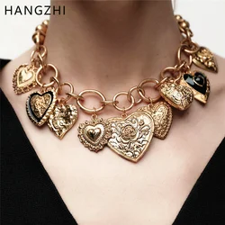 HUANZHI Vintage Multiple Rose Heart Pendant Necklace Personalized Trend Punk Charms Jewelry for Women Men New