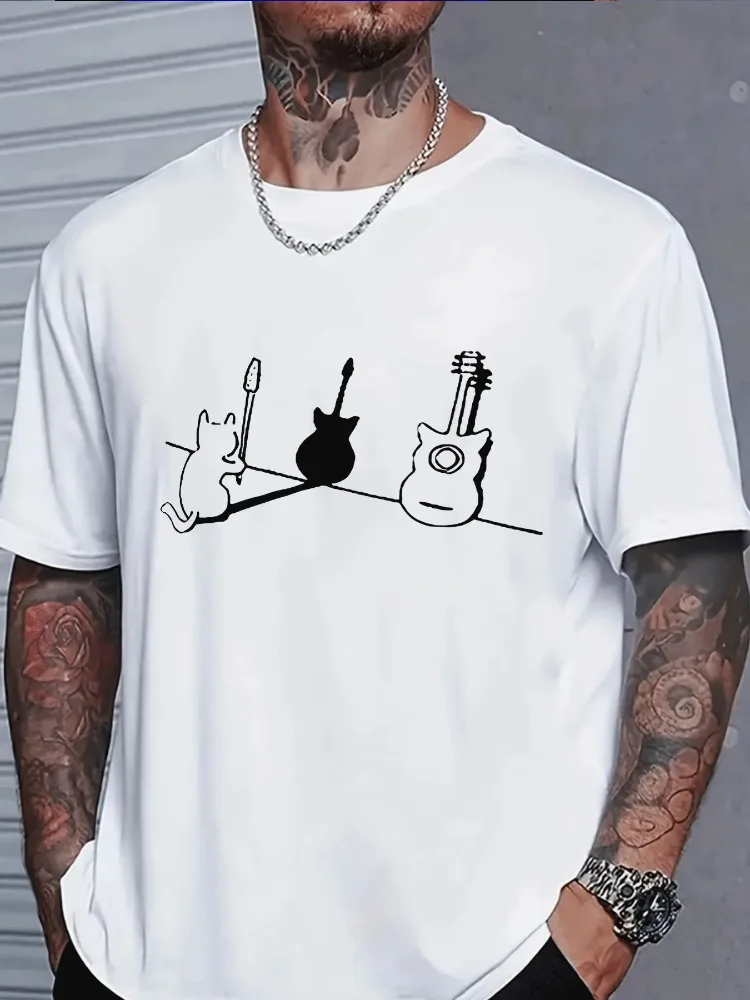 Minimal Line Art Mens Navy Short Sleeve Cotton Tshirt Cat With Electric Acoustic Guitar Outline Print Music Fan Urban Tops