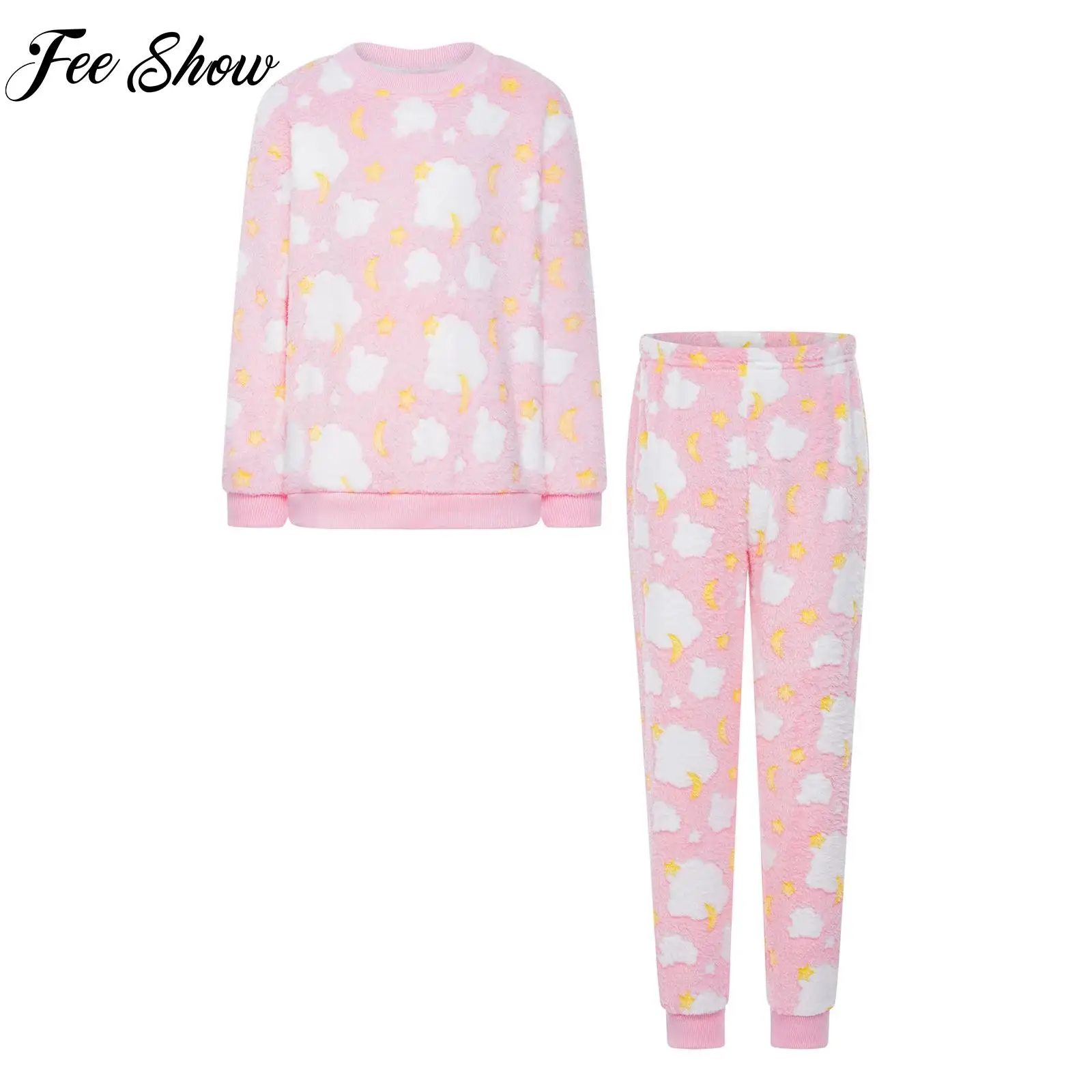 

Yoga Clothes Sets for Kids Girls Cute Pattern Flannel Pajamas Set Nightwear Homewear Long Sleeve Pullover Top+Pants 2-piece Sets