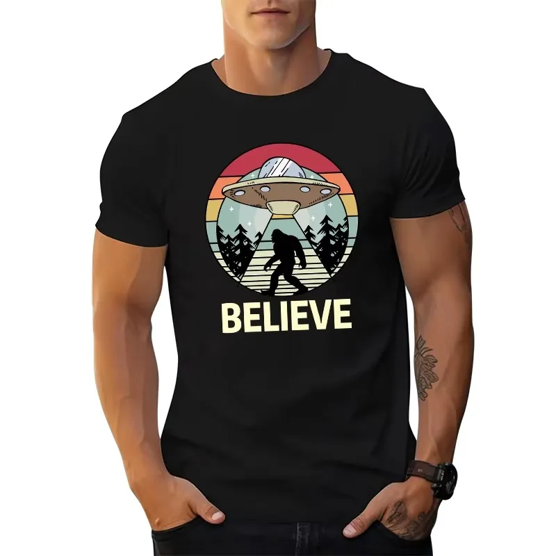 Men Women Short Sleeve Crew Neck T-Shirt Flying Saucer with Portholes Print Bigfoot Silhouette Forest Trees Backdrop