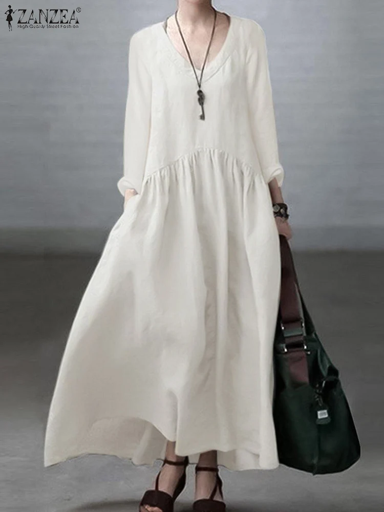 Autumn Vintage Long Dress Women Casual Solid Long Sleeve Sundress Stylish Holiday Robe Vestidos ZANZEA Elegant Loose Dresses