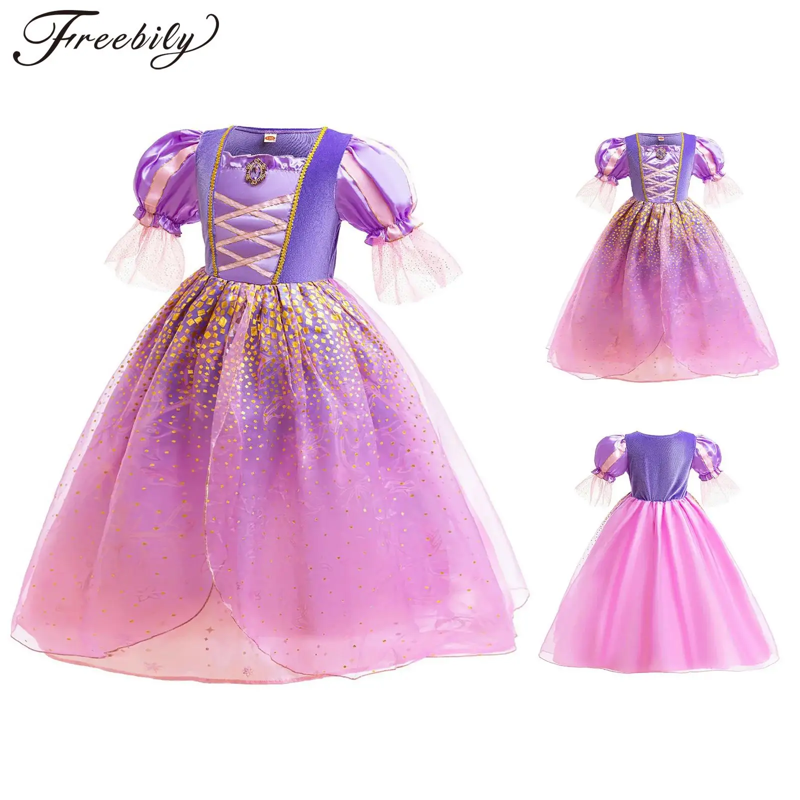 

Костюм принцессы с длинными волосами для девочек, сказка на Хэллоуин, косплей, наряд для дня рождения, сетчатое пышное платье-пачка с пышными рукавами и принтом